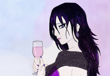 Seva Clear Collection, purple dress, drinks, bleack hair, purple eyes, female HD wallpaper