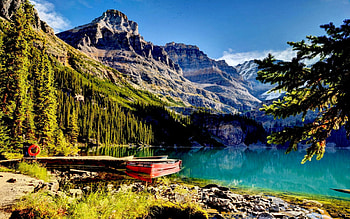 MOUNTAIN LAKE, boat, snow, pines, mountains, lake HD wallpaper