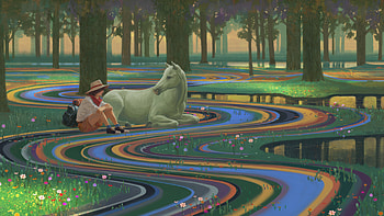 Rainbow Rivers In Enchanted Forest With White Horse, horse, tree, jungle, artist, artwork, art, digital-art, ai, artstation HD wallpaper