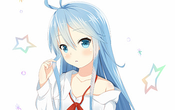 touwa erio, blue eyes, blue hair, girl, long hair, ahoge, highres, shirt, star, kawaii, looking at viewer, anime, simple background, blush, solo HD wallpaper