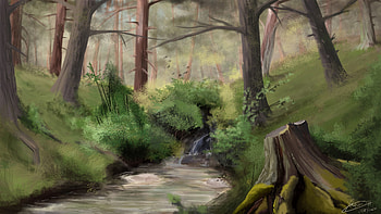 Trees, Art, Bush, Forest, Creek, Brook HD wallpaper