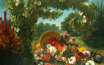 Basket of flowers, colorful, eugene delacroix, art, orange, basket, painting, pictura, green, red HD wallpaper