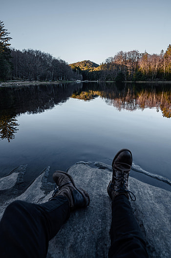 Lake, Reflection, Miscellanea, Miscellaneous, Legs, Boots, Shoes HD phone wallpaper