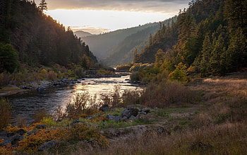 mountain river, evening, sunset, forest, mountain landscape, green trees, Oregon, USA HD wallpaper