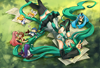miku and chibi, miku, blue hair, vocaloid, piggy-tails HD wallpaper