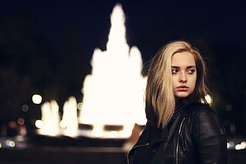 Girl Black Leather Jacket Looking Away, leather, jacket, girls, model, outdoors HD wallpaper