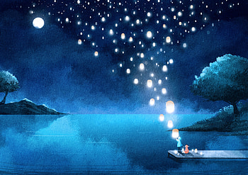 Art, Night, Lights, Lake, Silhouette, Lanterns HD wallpaper