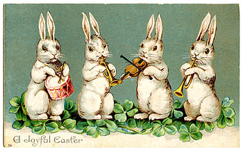 :), rabbit, bunny, instrument, fantasy, card, easter, vintage HD wallpaper