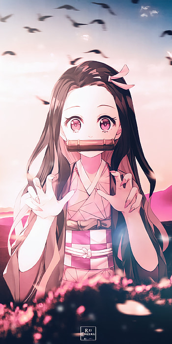 Nezuko, eye, pink, kimetsunoyaiba, tanjiro, demonslayer, kny, sunset, animegirl, anime HD phone wallpaper