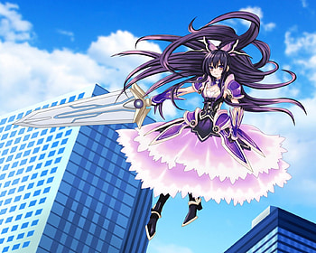 Floating, float, purple hair, cute, long hair, warrior, cloud, female, sexy, sword, house, hot, flying, girl, armor, blade, anime girl, anime, building, weapon, sky HD wallpaper