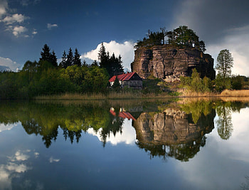 Beautiful Scenery, house, trees, , water, rock HD wallpaper
