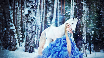 Fairytale Forest, girl, snow, winter, digital, art, unicorn HD wallpaper