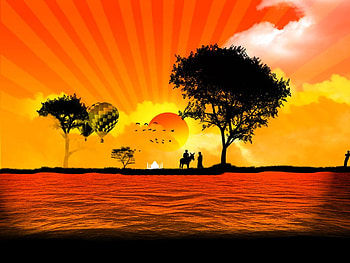 Red Sunlight, trees, hot air balloon, people, water, sun HD wallpaper