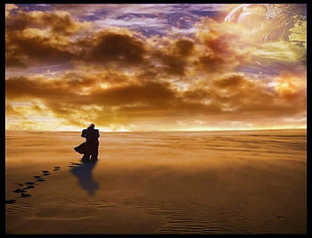 Beach walk, two, footprints, sand, golden sky, clouds, people, sunset, beach HD wallpaper