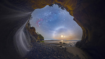 Coastal Cave, starry sky, sunset, USA HD wallpaper