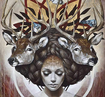 :), painting, art, horns, pictura, sophie wilkins, deer, face, girl HD wallpaper