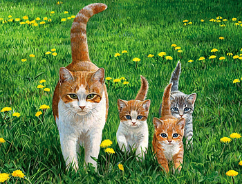 Happy Tails F1, animal, art, feline, cat, beautiful, grass, dandelions, kittens, artwork, lawn, wide screen, painting, pet HD wallpaper