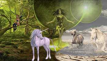 Unicorn's Night, fairy, horses, moon, art, girl, water HD wallpaper