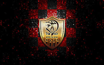 Hapoel Umm al-Fahm FC, glitter logo, Leumit League, red black checkered background, soccer, Israeli football club, Hapoel Umm al-Fahm logo, mosaic art, football, Hapoel Umm al-Fahm HD wallpaper