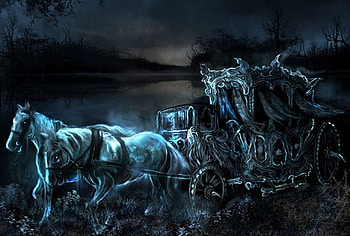 Ghost-carriage, night, horses, darkness, spirits HD wallpaper
