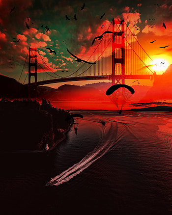 Birds, Rivers, Sunset, Boats, Dark, Bridge, Parachutists, Paratroopers HD phone wallpaper