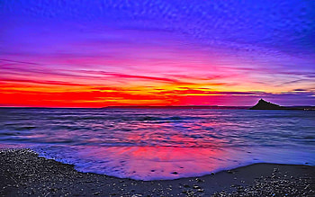 A view of beauty, colorful, reflection, sunset, ocean, mountain HD wallpaper