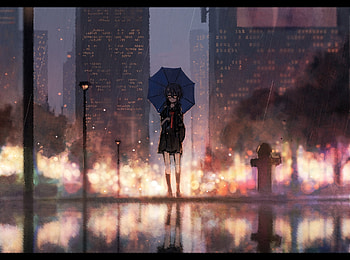 Girl, anime, outdoor, rain, cityscape, original HD wallpaper