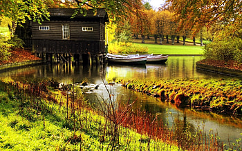 Nature, Rivers, Boats, Pier, Forest, Small House, Lodge, Color, Colors, Garden, Wharf, Bars, Rods HD wallpaper
