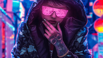 Neon Glasses Girl Wearing Hoodie, artist, neon HD wallpaper