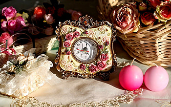 TIME is BEAUTIFUL, hours, basket, arrows, roses, candles, numbers HD wallpaper