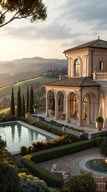 Sunset Serenity: Elegant Villa with Scenic Hills, pool, garden, landscape, architecture HD phone wallpaper