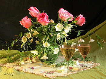 Vase with pink roses, pink, roses, vase, glasses, nature, flowers HD wallpaper