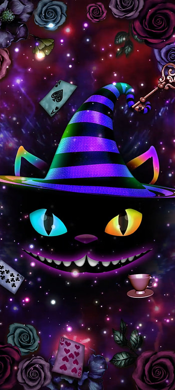Fantasy Cheshire Cat, beautiful, electric blue, magenta, Luxury, Hat, Premium HD phone wallpaper