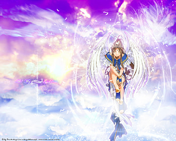 Belldandy, cute, angel, long hair, goddess, dress, feather, abstract, wing, cloud, female, sexy, wings, hot, ah my goddess, girl, anime girl, anime, fantasy, brown hair, sky HD wallpaper