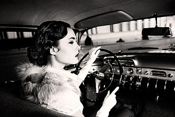 JAUNT, elegant, lady, graphy, car, bw HD wallpaper