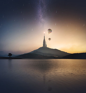 Cities, Balloons, Lake, Starry Sky, Hill, Tower, Meteora, Meteors HD phone wallpaper