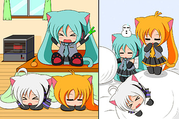 = = Doing crazy thing ., animal, haku, suzunonaruki, cute, neru, vocaloid, mad, miku, chibi, snow, yowane, hatsune, sleep, akita, catgirl, tail, snowman, neko, anime, ears, funny, tagme HD wallpaper