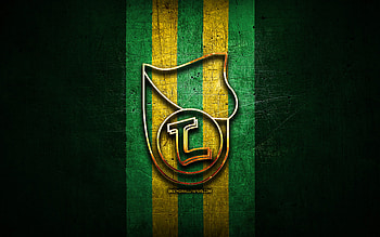Lushnja FC, golden logo, Kategoria Superiore, green metal background, football, Albanian football club, KF Lushnja logo, soccer, KF Lushnja HD wallpaper