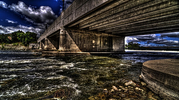 bridge over a raging river r, falls, river, rapids, clouds, bridge, r, rocks HD wallpaper