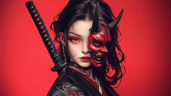 Anime Samurai Girl with Katana and Red Oni Mask, Anime, anime girl, katana, red, samurai, red anime, anime samurai HD wallpaper