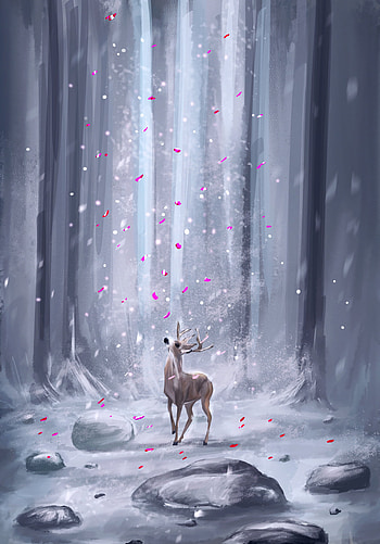 Art, Snow, Forest, Petals, Deer HD phone wallpaper