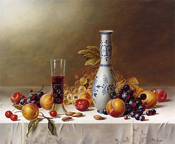 Vintage Wine, table, grapes, cherries, nuts, vase, plums, leaves, peaches, glass, cloth, still, wine HD wallpaper