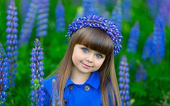 Little beauty, summer, blue, flower, green, girl, child, wreath, copil HD wallpaper