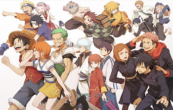 Epic Anime Crossover : Chainsaw Man, Kimetsu, Naruto & More United!, Chainsaw Man, Demon Slayer: Kimetsu no Yaiba, Naruto, Jujutsu Kaisen, One Piece, Anime, crossover HD wallpaper