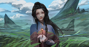 Magic, blue, art, fantasy, green, girl, yidia, hand HD wallpaper