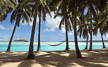 Rest Place, palms, ship, hammock, ocean, beach HD wallpaper