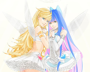 Panty & Stocking, cute, long hair, dress, wing, stocking, blonde hair, female, sexy, wings, white, hot, blue eye, blue hair, girl, anime girl, simple, anime, girls, panty and stocking with garterbelt, green eye, panty HD wallpaper