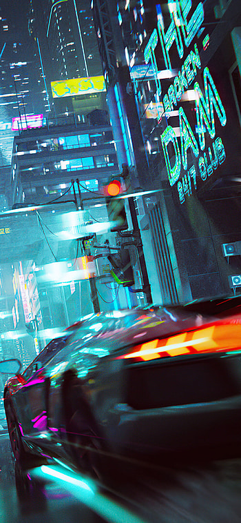 Neon cyberpunk city, Car racing, , Futuristic visuals HD phone wallpaper