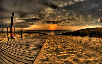 Nature, Sunset, Sky, Sun, Clouds, Beach, Sand, Road, Fence, Evening, Traces HD wallpaper