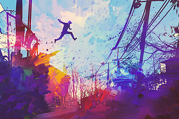 Man Jumping Roof Abstract Illustration Painting , jump, abstract, illustration, painting, artist, artwork, digital-art HD wallpaper